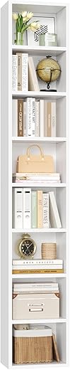 FOTOSOK White Bookshelf 8-Tier Media Tower Rack, 11.6 X 9.3 X 70.9 Inches CD DVD Slim Storage Cabinet with Adjustable Shelves, Tall Narrow Bookcase Display Bookshelf for Home Office, White