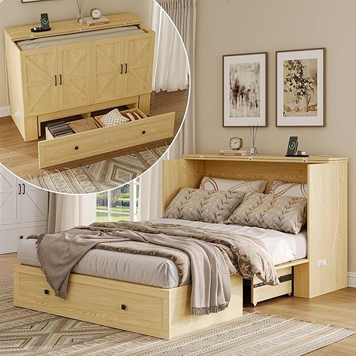 Full Size Murphy Bed with Charging Station, Wall-Mounted Hideaway Bed with Foldable Panel for Home Office, Small Rooms, Guest Bedrooms, Living Rooms, Natural