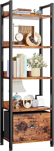 Furologee 5 Tier Bookshelf with Drawer, Tall Narrow Bookcase with Shelves, Wood and Metal Bookshelves Storage Organizer, Industrial Display Standing Shelf Unit for Bedroom, Living Room, Rustic Brown