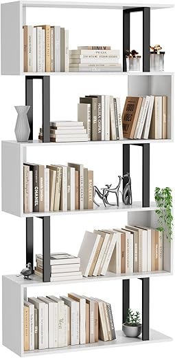 Gadroad 5 Tier Geometric Bookcase,S Shaped Bookshelf, Wood Decorative Storage Shelving, Modern Freestanding Display Shelves, Tall Book Shelf Unit for Living Room Bedroom, White