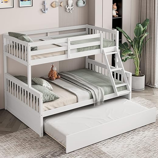 Giantex Twin Over Full Bunk Bed with Trundle, Convertible Platform Bed Frame with Ladder, Solid Wood Frame & Safety High Guardrails, Space-Saving Bunk Bed for Teens & Kids, No Box Spring Needed, White