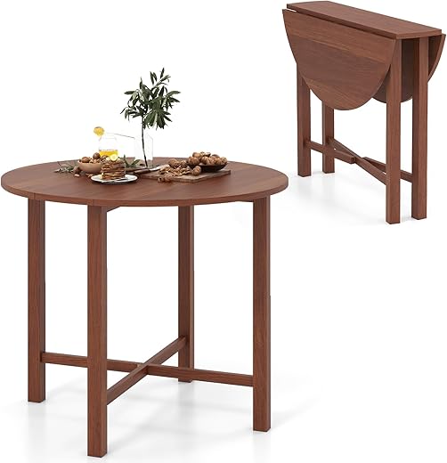 GOFLAME Round Drop Leaf Dining Table for 2-4 People, 36” Folding Kitchen Table with Solid Wood Legs, Farmhouse Extendable Table for Dining Room, Living Room, Restaurant (Round, Walnut)
