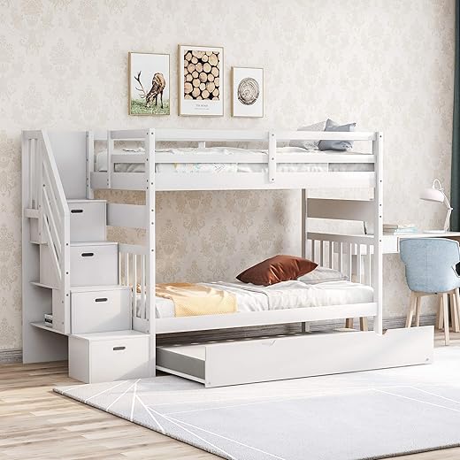 Harper & Bright Designs Stairway Twin Over Full Bunk Bed with Twin Size Trundle and Drawers, Solid Wood Bunk Bed Staircase Can be Placed on The Left or Right Side (White)