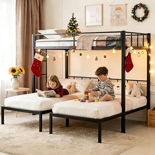 Heavy Duty Triple Bunk Bed, Twin Over Twin Over Twin with Guardrails and Ladder, Metal Bunk Bed for 3, 3 Bed Teens and Adults, No Box Spring Needed, Black