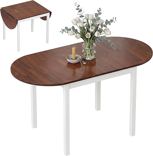 HOMCOM 55" Solid Wood Kitchen Table for 4-6 People, Oval Drop Leaf Tables for Small Spaces, Folding Dining Table, Brown