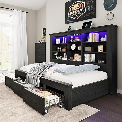 Jocisland Twin Bed Frame with Storage Drawers, Bookcase Headboard, USB Charging, RGB Lights, Farmhouse Wood Daybed, No Box Spring Needed, Black | 49" tall shelving, 3 rolling drawers, RGB sync LED, Built-in AC ports, 800 lb support