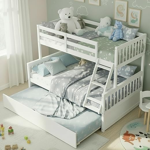 KOMFOTT Wood Twin Over Full Bunk Bed with Trundle, Bunk Bed Frame with Solid Pine Wood Frame, Space-Saving Bed Frame with Ladder & Safety Guardrails, No Box Spring Needed
