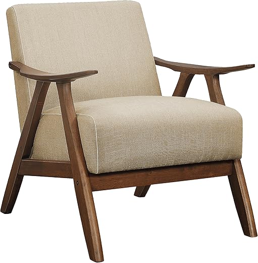 Lexicon Mid Century Modern Accent Chair with Solid Wood Frame in Walnut Finish, Upholstered Living Room Lounge Arm Chair, Thick and Comfy Innerspring Seat Cushion, Linen-Look Fabric, Light Brown