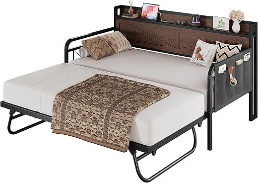 LIKIMIO Twin Daybed, Day Beds with Pop Up Trundle, Storage Headboard with Charging Station, Strong Supports for Apartment and Other Small Space, Dark Brown