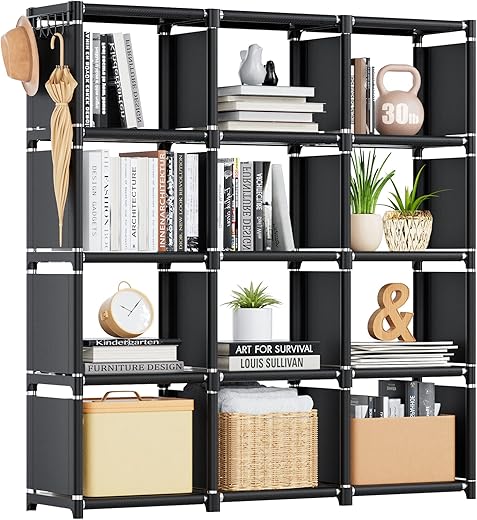 Mavivegue Book Shelf, 12 Cube Storage Organizer, DIY Bookcase, Metal Bookshelf,Tall Book case for Bedroom, Living Room,Office,Closet, Black Cubicle Rack