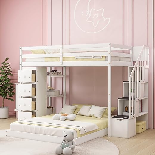 Merax Twin Over Full Bunk Bed Wood Frame with 3-Layer Shelves,4 Drawers and 3 Storage Stairs for Boys and Girls,Grey
