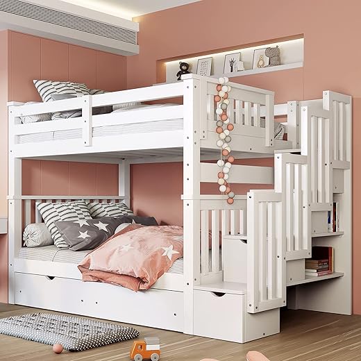 MERITLINE Full Over Full Bunk Bed with Staircase and Drawers, Convertible Bunk Bed Frame for Kids Teens Adults, Space Saving Desiagn (White)