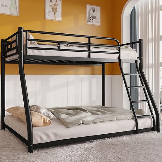 Metal Twin Over Full Size Bunk Bed for Adults & Kids,Twin Over Full Bunk Beds, Low Profile Bunkbeds with Length Guardrail and Ladder, No Box Spring Needed,Space Saving,Black