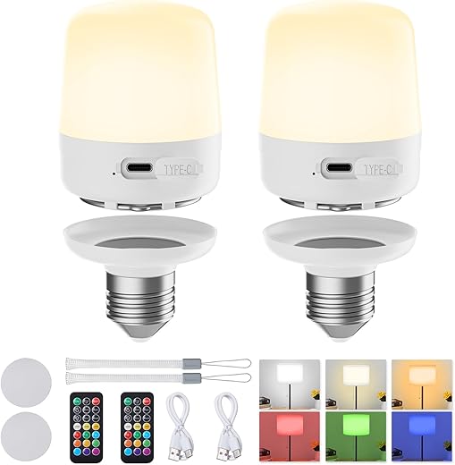19 Best Renter Friendly Peel and Stick Products Minetom E26 Rechargeable Light Bulbs with Remote and Timer, Battery Backup Bulb with 12 Colors and Brightness Dimmable, 2300mAh 40W Equivalent LED Light Bulbs for Lamps Sconces Camping, 2 Pack