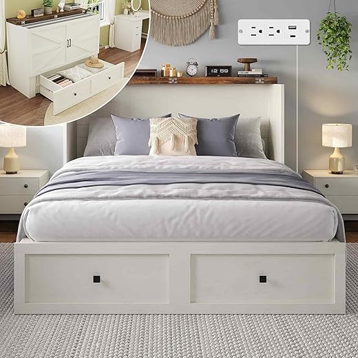 Murphy Bed with Charging Station, Queen Size Cabinet Bed with Large Storage Drawer for Home Office or Small Room, Hideaway Foldable Platform Bed, White