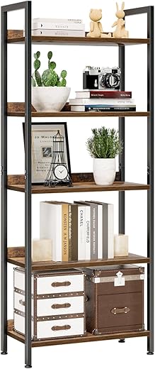 NUMENN Bookshelf, 5 Tier Bookshelves, Home Office Bookcase Shelf Storage Organizer, Free Standing Storage Shelving Unit for Bedroom, Living Room and Home Office, Vintage