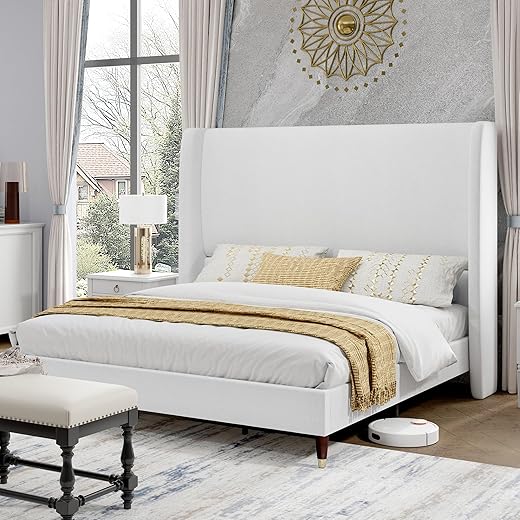 PaPaJet Queen Size Modern Bed Frame, 51.2" High Platform Beds, Upholstered Tall Wingback Headboard, Solid Wood Legs, Easy Assembly, No Box Spring Needed, Soft Linen Bedroom Furniture, White