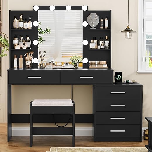 Your Home's Finest: 22 Top-Rated Furniture Pieces That Outperform the Rest Quimoo 48" Large Vanity Desk with Mirror and Lights, Makeup Vanity with 6 Drawers, Power Outlet, Vanity Makeup Mirror Desk Table Set with 4 Storage Shelves & Stool, Best Gift for Women Girls,Black