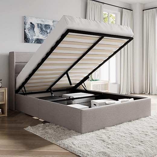 Your Home's Finest: 22 Top-Rated Furniture Pieces That Outperform the Rest SHA CERLIN Queen Size Lift Up Storage Bed/Modern Wingback Headboard/Upholstered Platform Bed Frame/Hydraulic Storage/No Box Spring Needed/Wood Slats Support/Light Beige