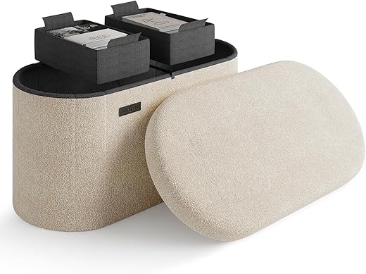 Storage Ottoman Bench, 30 Inch Storage Bench for Bedroom End of Bed, Foldable Large Ottoman Foot Rest, Entryway Benches, Boucle Oval Organizer Chest Max 660lbs, Beige