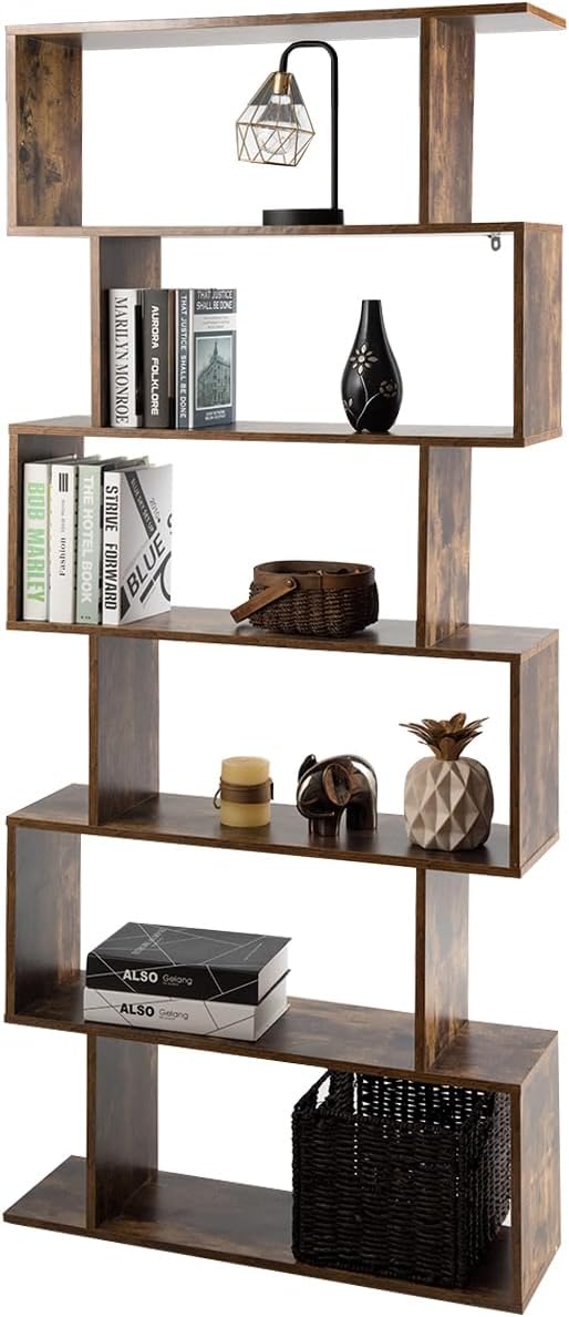 Tangkula 6-Tier Geometric Bookcase, Modern S-Shaped Storage Display Bookshelf for Living Room, Anti-Toppling Device, Home Office Wooden 6 Shelf Open Bookcase (1, Coffee)