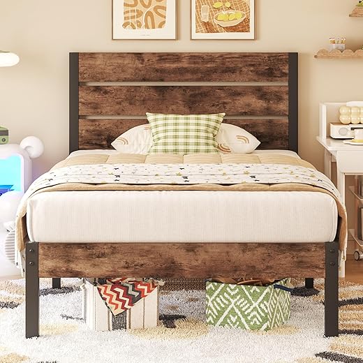 Twin Bed Frame with Headboard and Footboard, Metal Twin Bed Frame with Under Bed Storage, All-Metal Support System, No Box Spring Needed, Easy Assembly,Rustic Brown