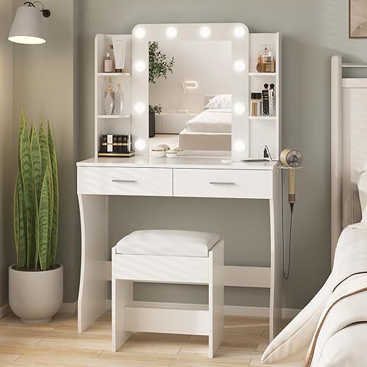 Your Home's Finest: 22 Top-Rated Furniture Pieces That Outperform the Rest Vabches Vanity Desk with Lights,Makeup Vanity with Power Strip,Dressing Table Set with 2 Large Drawers,Vanity Mirror 3 Lighting Color Adjustable,White