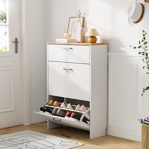 VINGLI Shoe Cabinet Storage for Entryway Ultra Slim with 2 Flip &1Drop-Down Drawers, 24.8" W Narrow Shoe Cabinet for Front Door Entrance,Freestanding Modern White Wood Shoes Organizer for Hallway