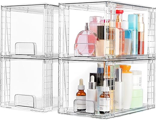 Vtopmart 4 Pack Large Stackable Storage Drawers,Easily Assemble Acrylic Bathroom Closet Undersink Organizers and Storage,Plastic Bins for Kitchen Cabinets,Pantry,Makeup,Medicine Organization