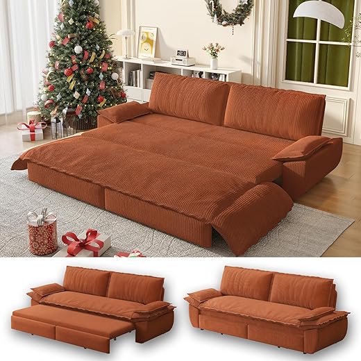 73.2" Futon Sofa Bed Queen Size, Pull Out Bed, 3-in-1 Convertible Sleeper Sofa with Cushion Armrest, Modern Corduroy Futon Couch for Living Room, Small Space, Apartment, Bedroom, Orange