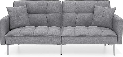 Best Choice Products Convertible Linen Fabric Tufted Split-Back Plush Futon Sofa Furniture for Living Room, Apartment, Bonus Room, Overnight Guests w/ 2 Pillows, Wood Frame, Metal Legs - Dark Gray