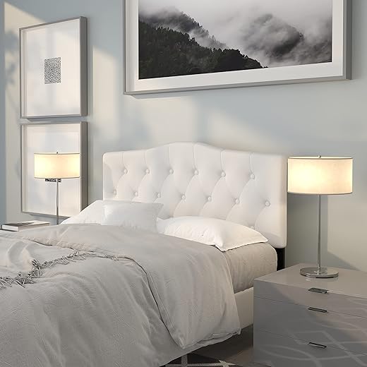 EMMA + OLIVER Tufted Upholstered Full Size Headboard in White Fabric