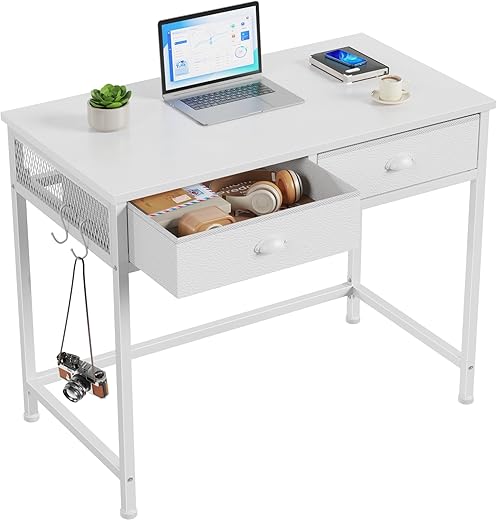 The Ultimate Guide to Your Perfect Workspace: 22 Top-Rated Desks for Every Home Office Furologee White Small Computer Desk with 2 Fabric Drawers for Bedroom,34 Inch Simple Home Office Writing Desk, Vanity Desk with Hooks, Study Table for Adults Student Small Spaces