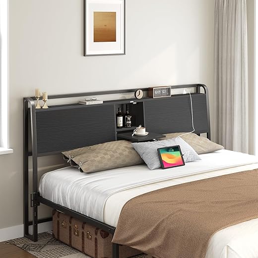 Headboard Queen Size Only, Headboard with 2 Power Strips, Industrial Head Board with Flip Door and Bed Frame Adapter, Height Adjustable, Black