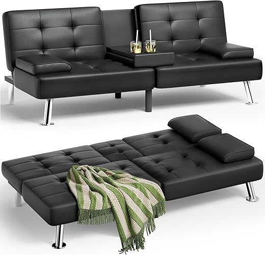 JUMMICO Faux Leather Futon Sofa Bed Futon Couch with Removable Armrests Adjustable Sleeper Sofa Bed with 2 Cup Holders for Living Room (PU Leather, Black)