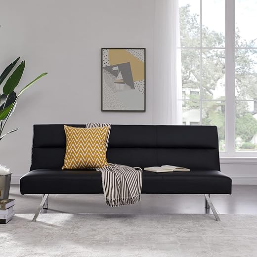 Naomi Home Zoe Futon Sofa Bed Faux Leather Futon Couch Modern Convertible Folding Sofa Bed Couch with Chrome Legs Reclining Mini Couch Leather Small Couch for Bedroom Living Room - Black