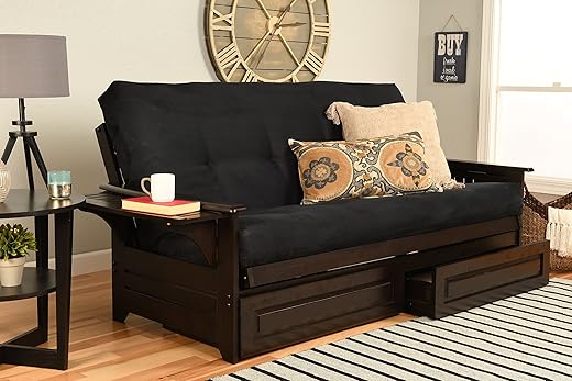 Phoenix Full Size Futon Couch with Espresso Finish with Suede Black Mattress Included - Wooden Frame - Solid Hardwood Construction