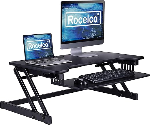 The 10 Best Standing Desk Converters for a Healthier Workday: Our Expert Picks Rocelco 37.5" Deluxe Height Adjustable Standing Desk Converter - Quick Sit Stand Up Dual Monitor Riser - Gas Spring Assist Computer Workstation - Large Retractable Keyboard Tray - Black (R DADRB)