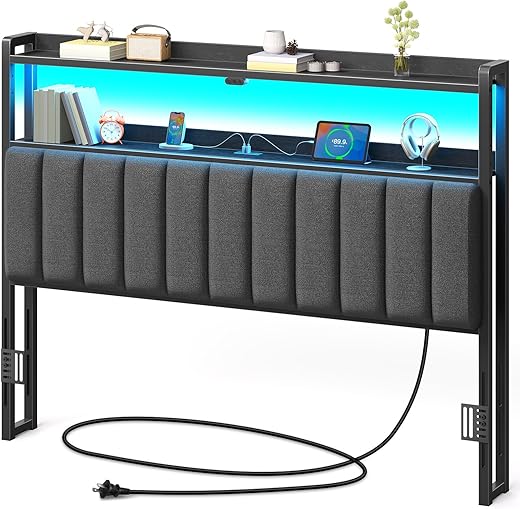 Rolanstar Headboard for Queen Size Bed with Storage, 60,000 DIY Color of LED Light, Head Board with USB & Type C Port, Height Adjustable, Black Upholstered Cabeceras de Cama Comfortable Modern, Linen