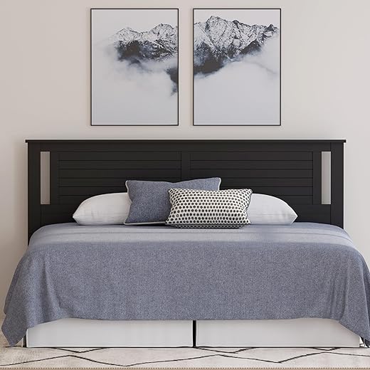 Serene Poplar Wood King Size Headboard in Black, Modern Farmhouse Panel with Horizontal Scoring, Casual Coastal Style, Easy Assembly, Quality Materials