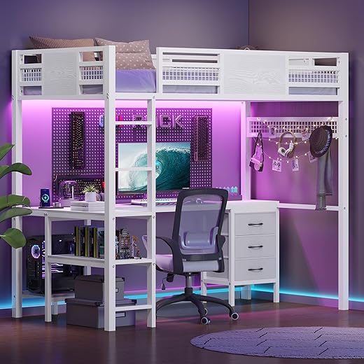 The Ultimate Guide to Space-Saving Style: 10 Top-Rated Loft Beds BTHFST Loft Bed Twin Size with L-Shaped Desk, 3 Storage Drawers, 2-Tier Storage Shelves, Power OUtlets, LED Metal Twin Size Bed Frame, Safety Guardrail & Ladder, Space Saving, White