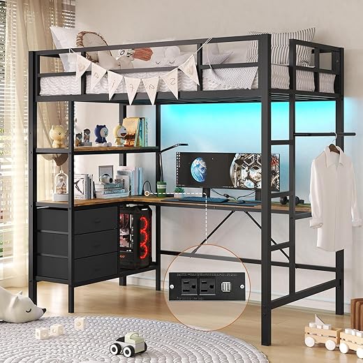 The Ultimate Guide to Space-Saving Style: 10 Top-Rated Loft Beds DICTAC Twin Loft Bed with L-Shaped Desk, LED Lights,Charging Station LED Metal Kids Loft Bed Twin Size with 3 Storage Shelves and 3 Fabric Drawers, Safety Guard & Ladder,No Box Spring Needed, Black