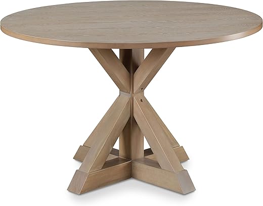 Finch Alfred Solid Wood Round Dining Table for 4, Farmhouse Kitchen and Dining Room Table with Rustic Pedestal Trestle Base, 46.5 Inch, Distressed Beige