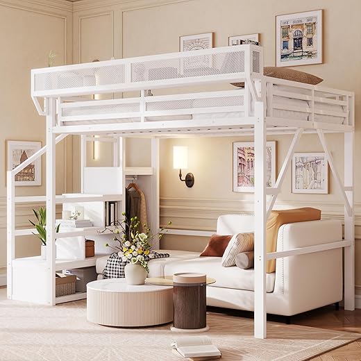 The Ultimate Guide to Space-Saving Style: 10 Top-Rated Loft Beds Full Size Loft Bed with Stairs and Storage, Metal Loft Bed Frame with Bedside Shelf and Large Under-Bed Space, Heavy-Duty Loft Beds for Adults Teens and Kids, Convertible Staircase, White