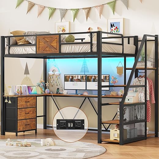 The Ultimate Guide to Space-Saving Style: 10 Top-Rated Loft Beds Itaar Stairway Twin Size Loft Bed with L Shaped Desk and Wardrobe, Metal Loft Bed Frame with Storage Stairs, 3 Fabric Drawers, LED Lights & Charging Sation, Rustic Brown