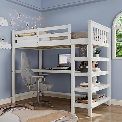 The Ultimate Guide to Space-Saving Style: 10 Top-Rated Loft Beds Merax Wood Loft Bed,Loft Bed with Desk and Shelves with 4-Storage Shelves and Under-Bed Desk,Solid Wood Bed, Full Size,White