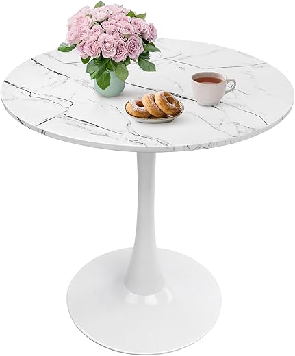 Round Dining Table 27.5" Faux Marble White Tulip Table with Pedestal Base for 2-4 People Small Space - Kitchen Living Room Cafe