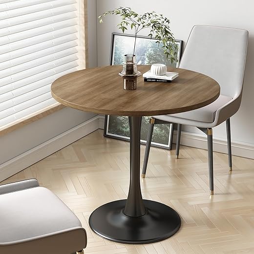 Round Dining Table 31.5" Circle Tulip Table with Wood Thickened Tabletop & Sturdy Metal Pedestal Mid Century Modern Farmhouse Kitchen Tables for 4 Small Places Living Room Cafe,Somber Walnut