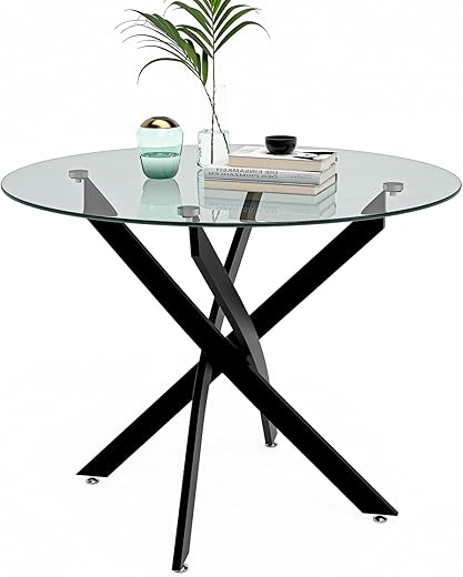 Round Dining Table for 2-4, 31.5 Inch Tempered Glass Small Circle Kitchen Table with Metal Black Legs, Modern Dining Room Table for Kitchen Dining Room (Black)