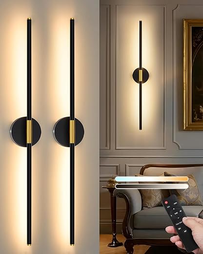 24 Inch Battery Operated Wall Sconce Set of 2, Dimmable Battery Sconces with Remote Control, 8000 mAh Rechargeable Sconces, 350° Rotate Modern LED Lights for Bedroom, Living Room, Black Gold